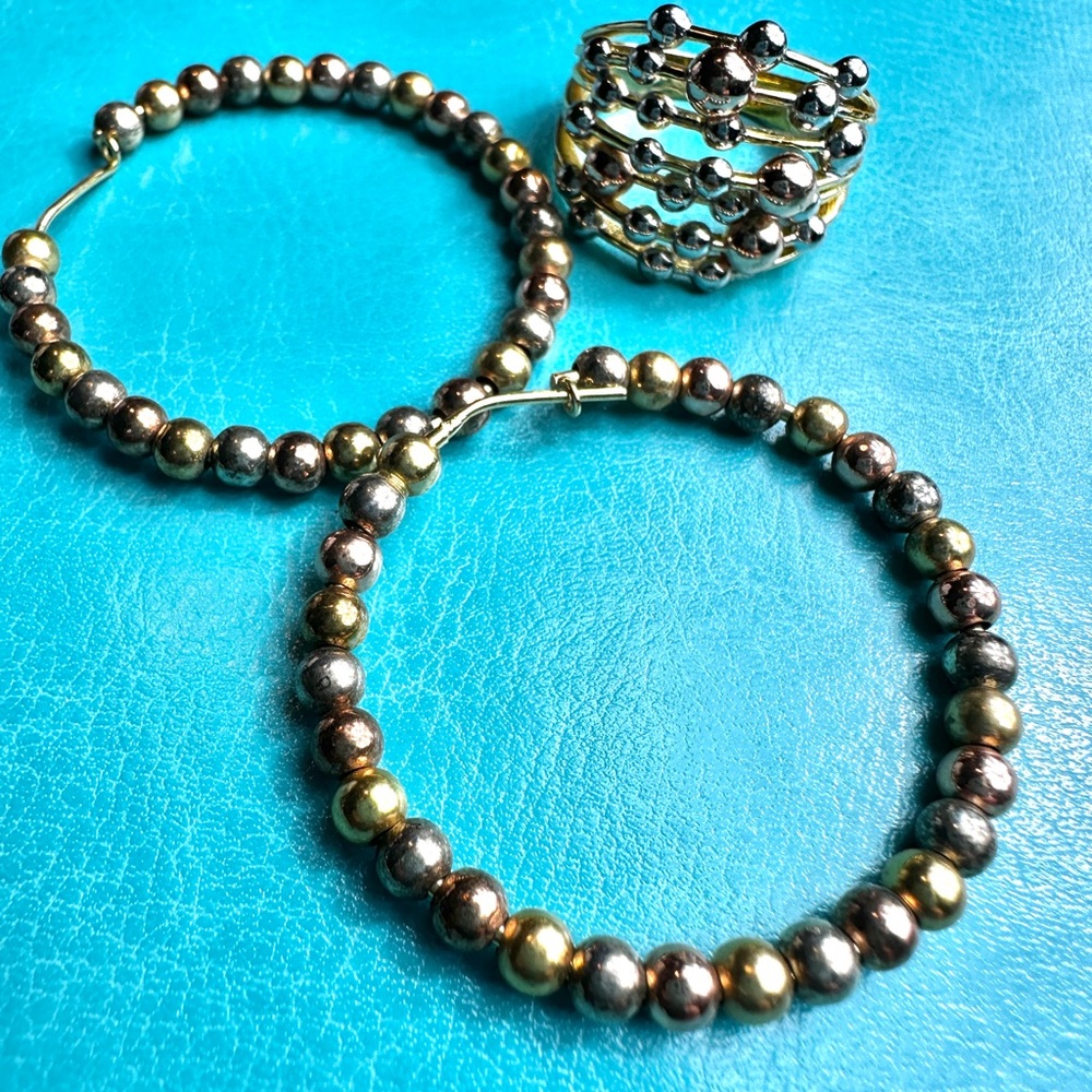 Elegant Gold and Silver Beaded Hoop Earrings With Ring